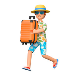 young man traveler carrying suitcase in summer holiday 3D cartoon character illustration