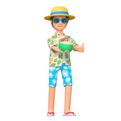 young man traveler drinking coconut juice in summer holiday 3D cartoon character illustration