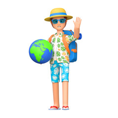 young man traveler holding globe in summer holiday 3D cartoon character illustration