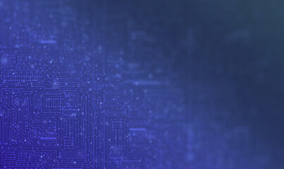 Fototapeta premium Dynamic Blue Electronic Circuit Patterns: Scattered Tiny Floating Dots Creating Focal Points. Technology Background with Small Particle Elements