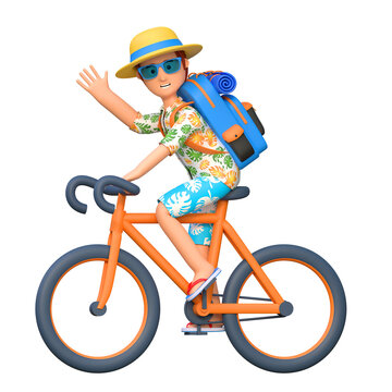 young man traveler riding bicycle in summer holiday 3D cartoon character illustration