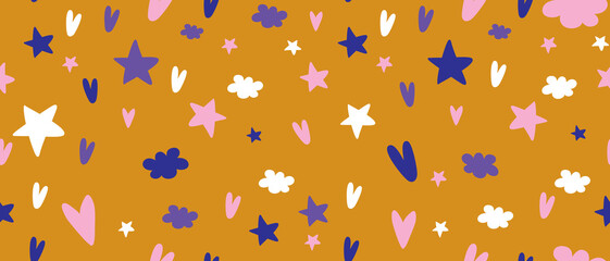Colorful Hand Drawn Abstract Doodles Seamless Vector Pattern. Clouds, Hearts and Stars Isolated on a Golden Orange Background. Simple Irregular Childish Style Repeatable Drawing ideal for Fabric.