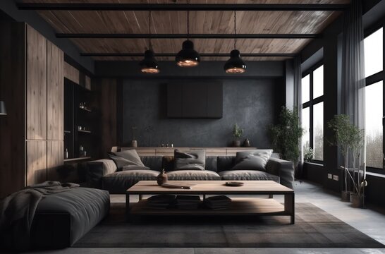 Modern interior design for home, office, interior details, upholstered furniture against the background of a dark classic wall Generative AI © Mix and Match Studio