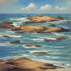 Obraz premium Ocean waves crashing on rocks on a beautiful summer day