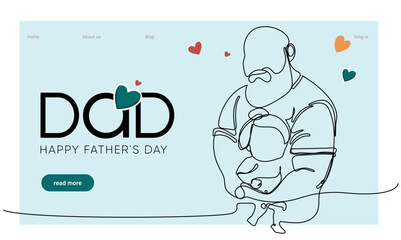 Hugs of a father with a child. One continuous line drawing banner, background, poster with family embrace. Happy Father Day simple vector illustration of child and father. Vector illustration