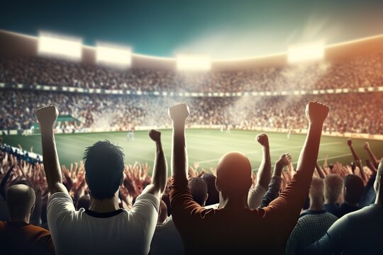 Spectators of a soccer game applaud in a stadium. Ai generated.