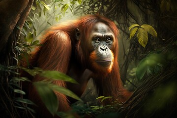 Obraz premium Illustration of an orangutan in the jungle, in freedom. . Ai generated.