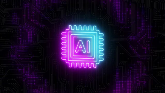 Artificial Intelligence Icon Glowing Animation With Digital Circuit Background.mp4