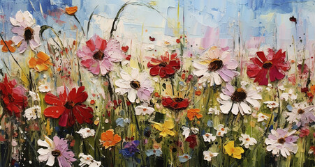 Field of flowers in oil painting style. Generative AI.