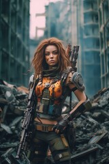 Naklejka na ściany i meble A exoskeleton military girl made of Higgs bosons armored with firearms composed of tachyons stands in front of a building. generative AI