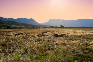 Fototapeta premium Peaceful landscape before sunset with some wind. Two mountains with a canyon in Greece. Kerketio mountain. Pindus mountains.