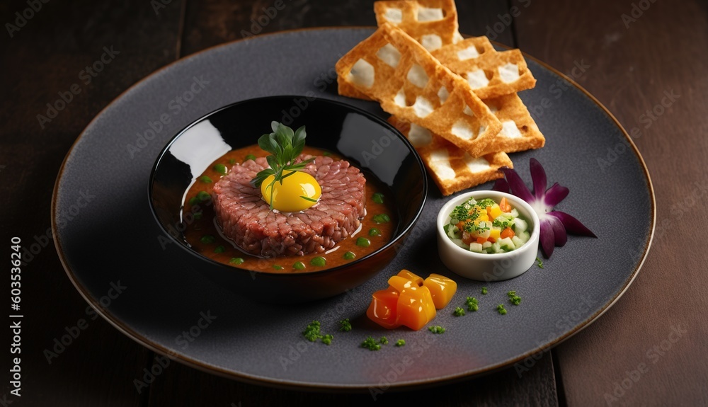 Poster scrumptious beef tartare on toast in an upscale restaurant generative ai