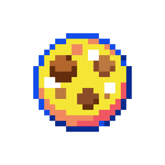 Pixel Art Chocolate Chips Cookie Sticker. 8bit retro game icon of classic pastry - cute digital art baked chocolate cookie. Vector graphic for video game, stickers or gift prints.