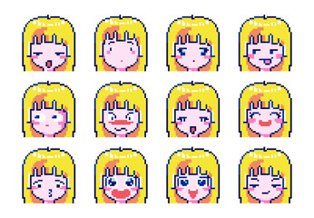 Cute Pixel Art Emote Icons.  Expressive 8bit Blonde Girl Emoji Experiencing diverse emotions - Perfect for Decorative Digital Art, Game Streaming, Stickers, Video Game Element.
