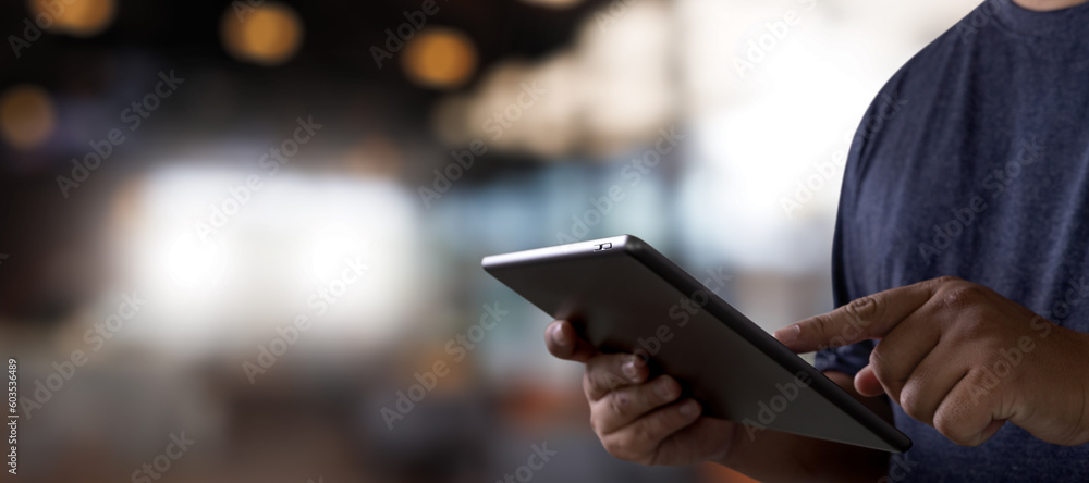 Poster man and hands using digital tablet technology finger touch screen smart communication connecting wif