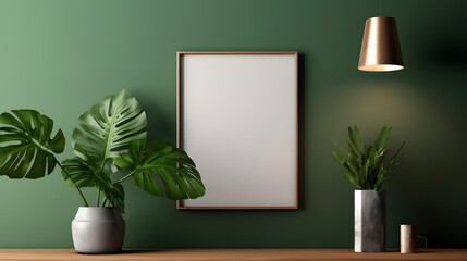 Vertical wooden frame mockup hanging on the sideboard in green wall interior decorated with plant green leaf, brass lamp, and plant in a vase.