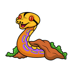 Cute purple albino tiger reticulated python cartoon out from hole