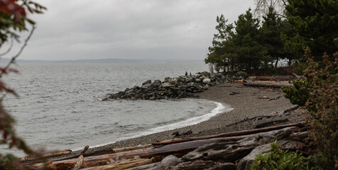 Fototapeta na wymiar A small beach in Seattle Washington overcast cloudy day