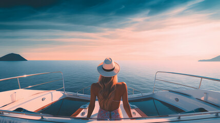 view from behind woman relaxing on a luxury boat. 