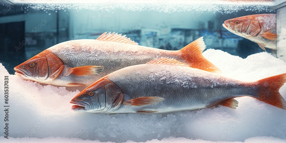Poster red fish steaks are displayed on ice in a store window. generative ai