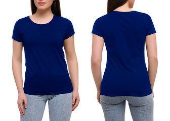 Collage with photos of woman in blue t-shirt on white background, closeup. Back and front views for...