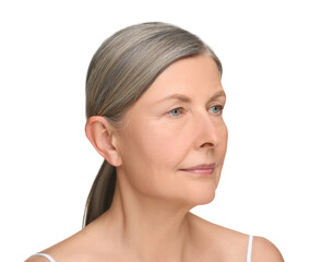 Fototapeta premium Portrait of senior woman with aging skin on white background. Rejuvenation treatment