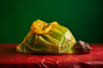 A bag of trash on a green tablecloth with a yellow and red background, next to a green plastic bag. Generative AI