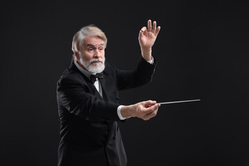 Professional conductor with baton on black background