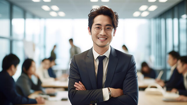 上司・オフィスにいるメガネをかけた笑顔のアジア人ビジネスマン（Generative AI）

