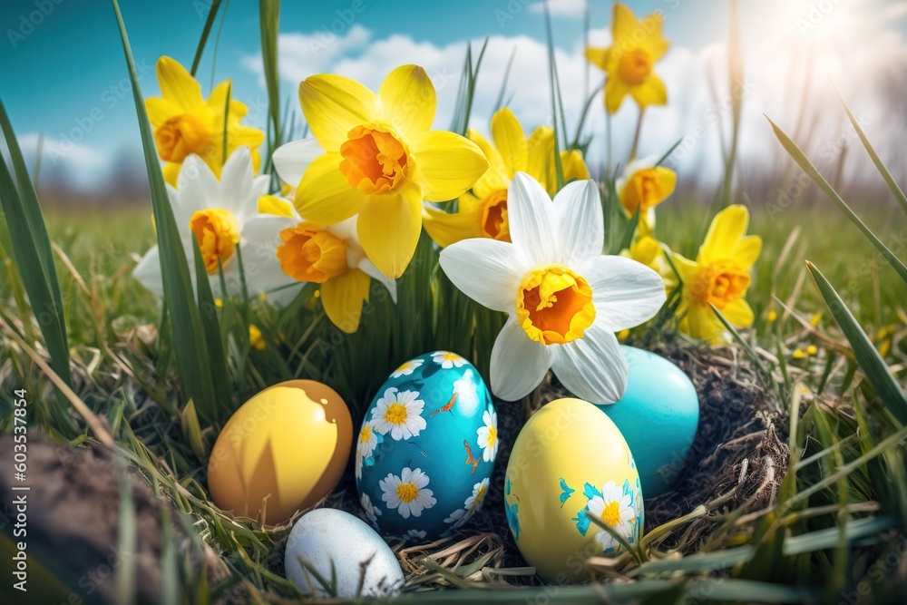 Poster daffodils with easter eggs in a field. generative ai