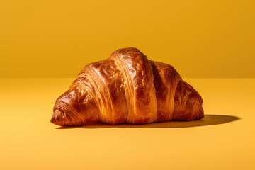 Fresh croissant on yellow background. Concept of tasty breakfast. Created with Generative AI tools