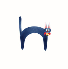 The black cat has a bell tied with a bow.