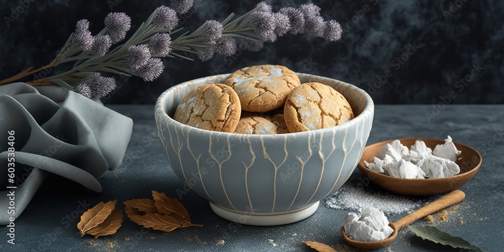 Poster cookie branches and a bowl of flaky cookies in front of a marble backdrop. generative ai