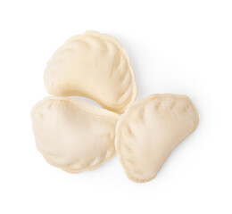Fototapeta na wymiar Raw dumplings (varenyky) with tasty filling on white background, top view