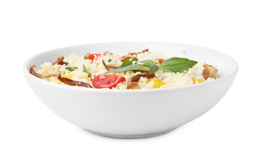 Bowl of delicious couscous with mushrooms, vegetables and basil isolated on white