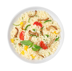Bowl of delicious couscous with vegetables and basil isolated on white, top view