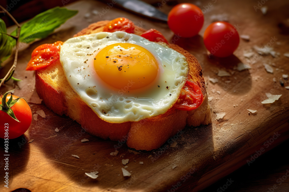 Poster a piece of bread with an egg on top of it. generative ai.