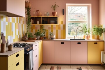 interior of modern kitchen in pink and yellow color. Created with Generative AI tools
