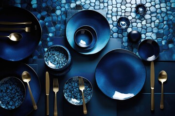 Blue and gold plates and cutlery on blue marble background. Created with Generative AI tools