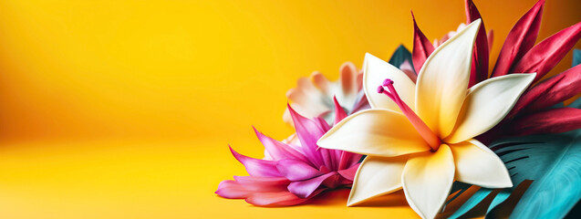 Fototapeta premium Large tropical flowers on yellow and background with copy space. Generative AI