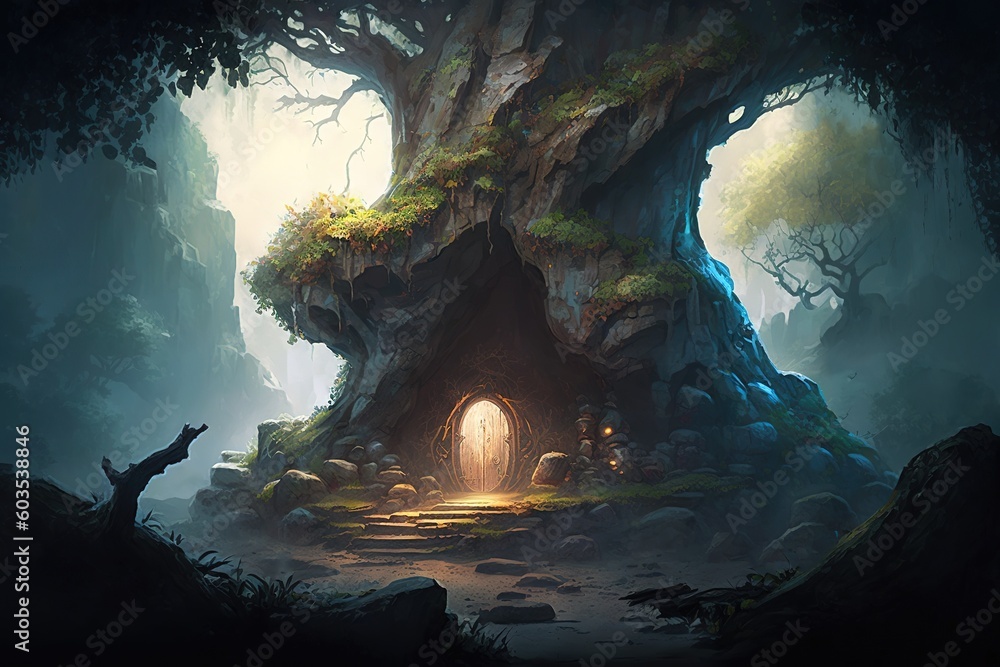 Poster digital painting and fantasy artwork of a cave with a large tree as a central theme. generative ai