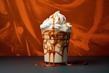 Coffee with whipped cream and caramel in plastic cup on orange background. Created with Generative AI tools