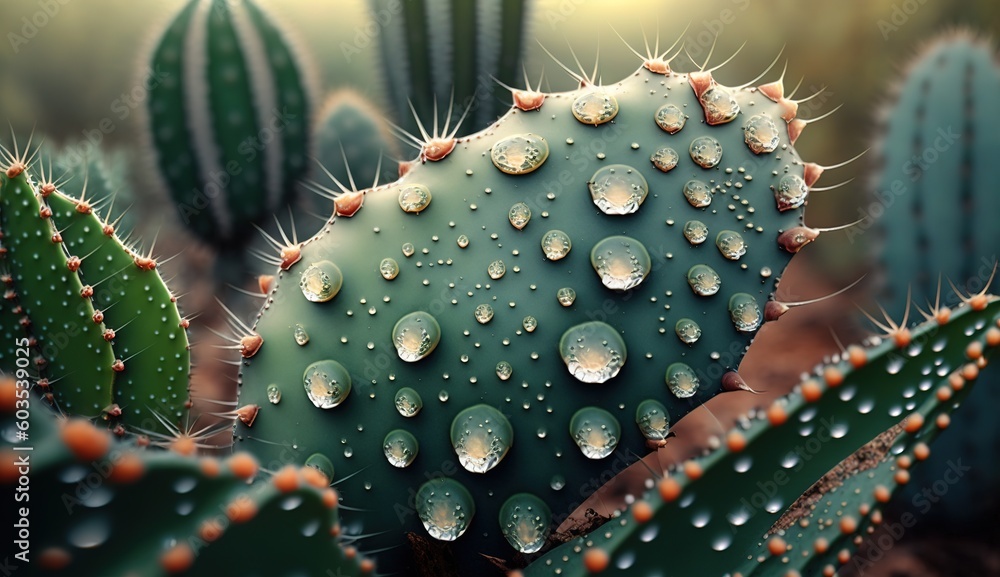 Poster rainforest cactus up up and personal with a sprinkle of dew generative ai