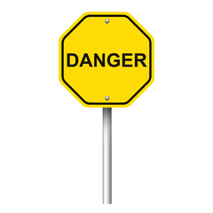 Yellow road sign with word Danger on white background