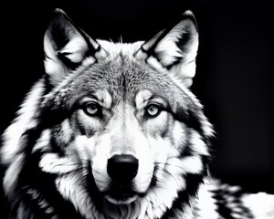 Stare of a wolf, greyscale, waiting, calm, sitting, black blackground, good lighting, Generative AI