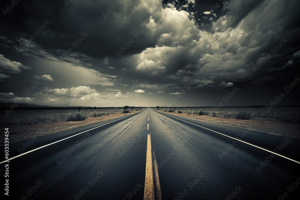 Poster good asphalt road and hazy sky on an empty highway. generative ai