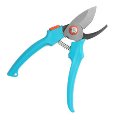 Secateurs with light blue handles isolated on white, top view. Gardening tool