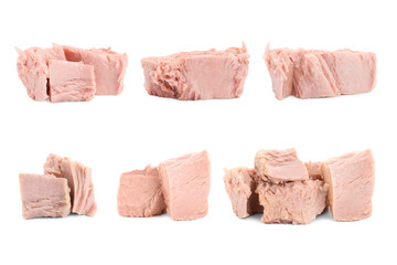 Collage with pieces of canned tuna on white background