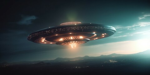 Obraz na płótnie Canvas Photorealistic UFO in the sky at night. AI generated, human enhanced