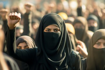 Arab woman protesting at a social rally. AI generated, human enhanced